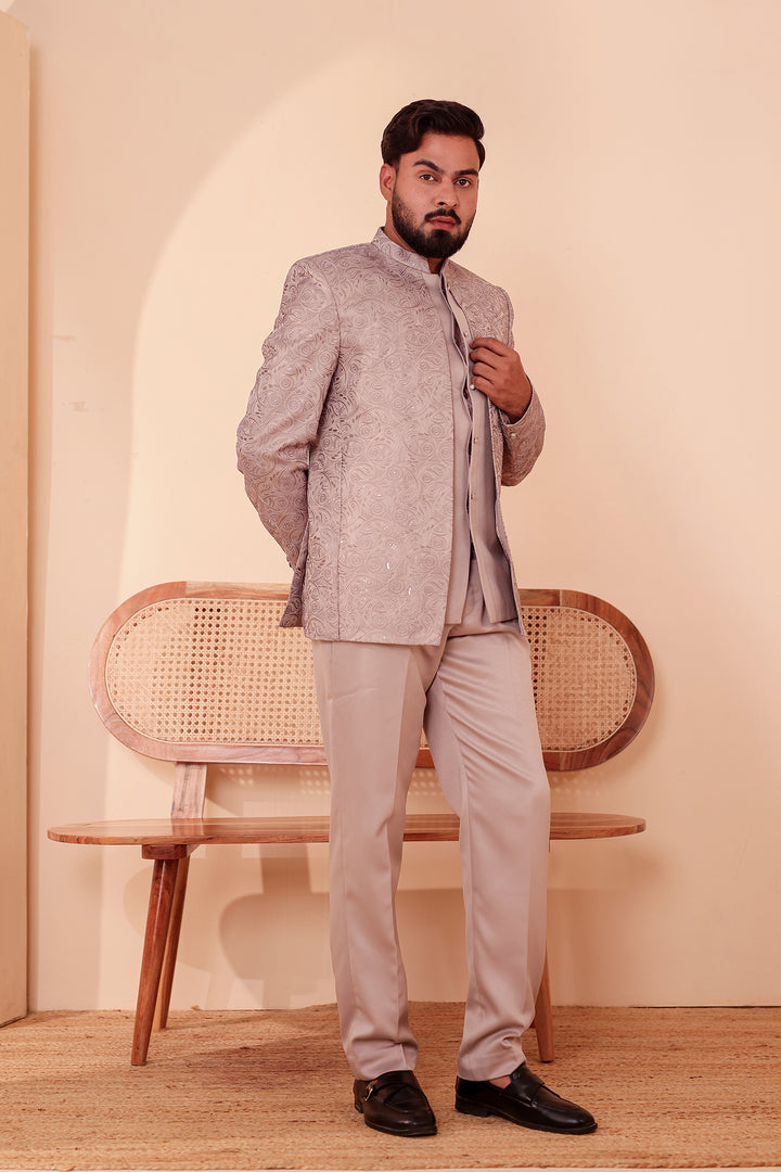 Salmon Heavy Embroidered 3pcs Jacket Style Jodhpuri Suit.