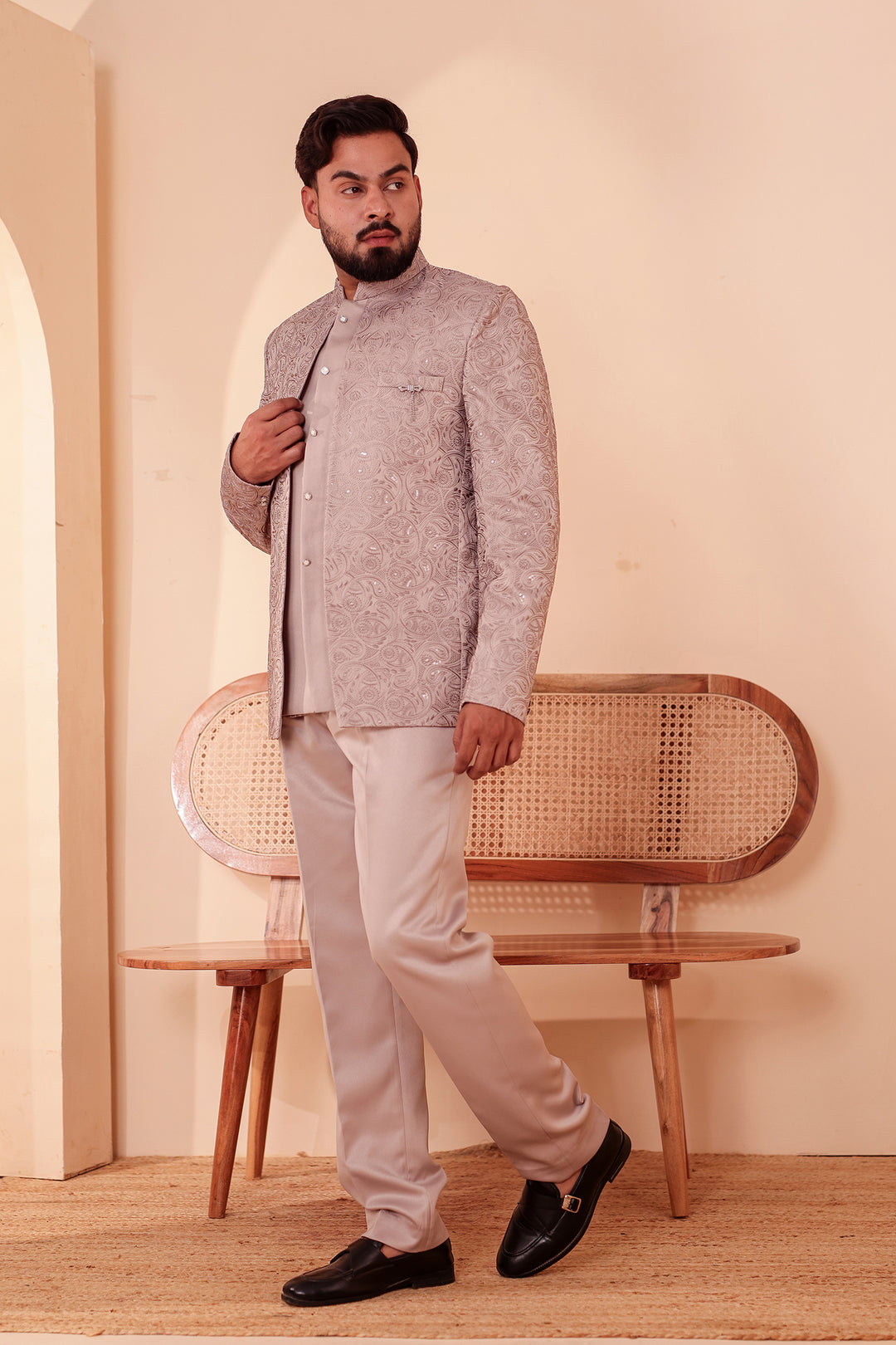 Salmon Heavy Embroidered 3pcs Jacket Style Jodhpuri Suit.