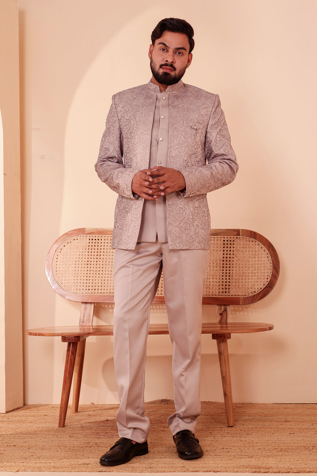 Salmon Heavy Embroidered 3pcs Jacket Style Jodhpuri Suit.
