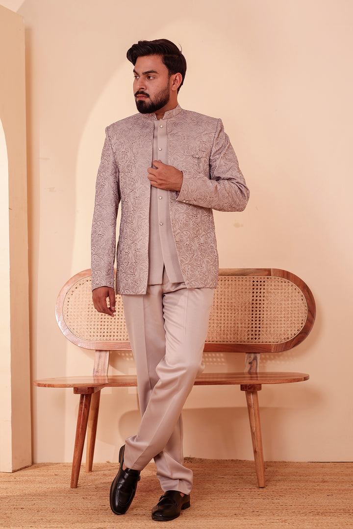 Salmon Heavy Embroidered 3pcs Jacket Style Jodhpuri Suit.