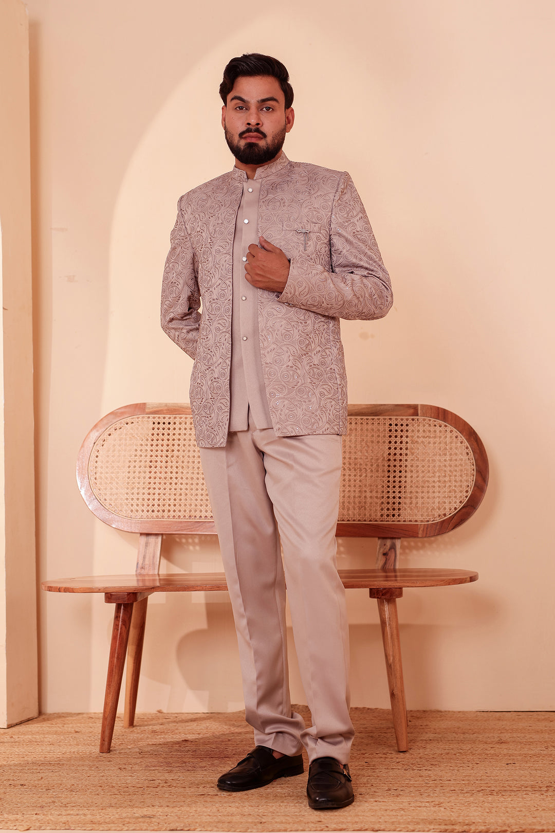 Salmon Heavy Embroidered 3pcs Jacket Style Jodhpuri Suit.