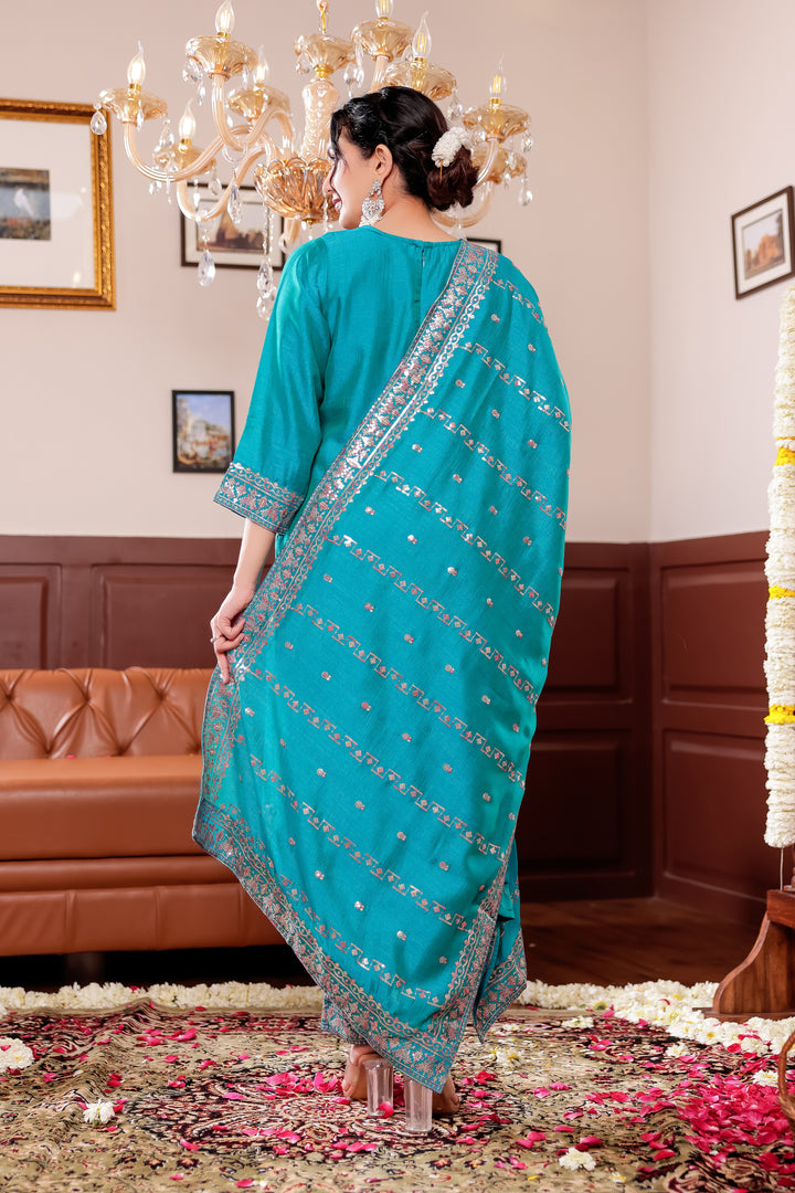 Turquoise Blue Art Silk Straight Cut Kurta Set