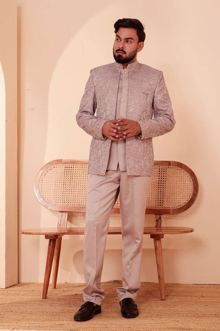 Salmon Heavy Embroidered 3pcs Jacket Style Jodhpuri Suit.