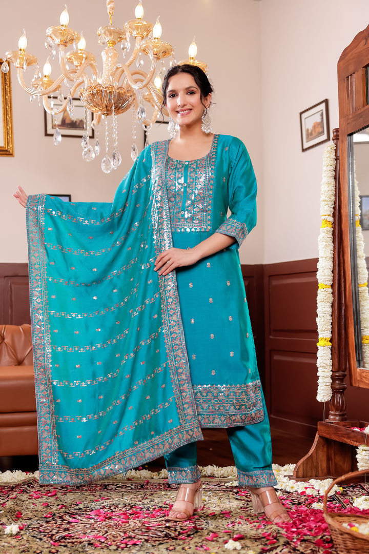 Turquoise Blue Art Silk Straight Cut Kurta Set