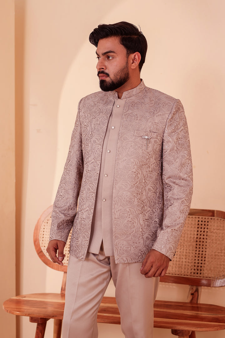 Salmon Heavy Embroidered 3pcs Jacket Style Jodhpuri Suit.
