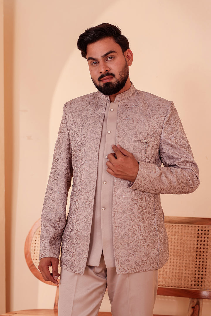 Salmon Heavy Embroidered 3pcs Jacket Style Jodhpuri Suit.