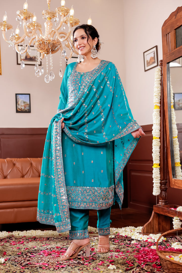 Turquoise Blue Art Silk Straight Cut Kurta Set