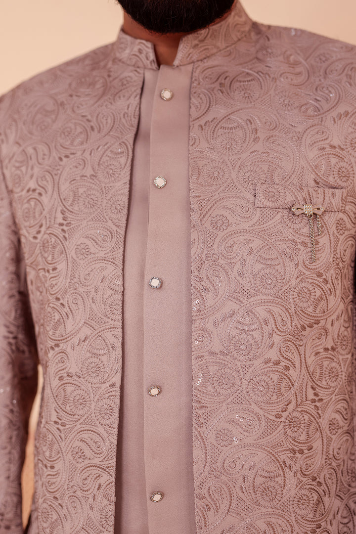Salmon Heavy Embroidered 3pcs Jacket Style Jodhpuri Suit.