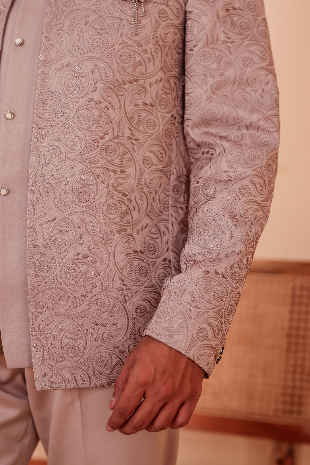 Salmon Heavy Embroidered 3pcs Jacket Style Jodhpuri Suit.