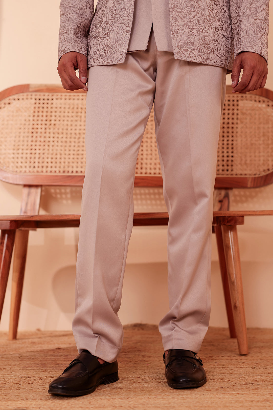 Salmon Heavy Embroidered 3pcs Jacket Style Jodhpuri Suit.