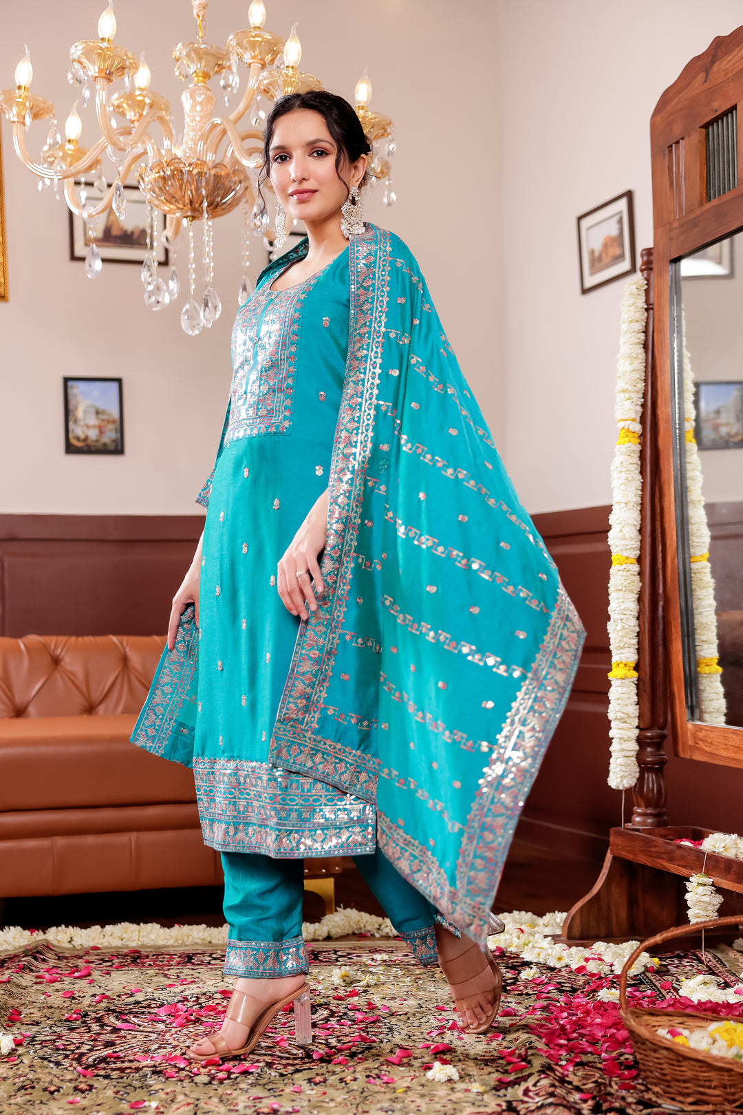 Turquoise Blue Art Silk Straight Cut Kurta Set