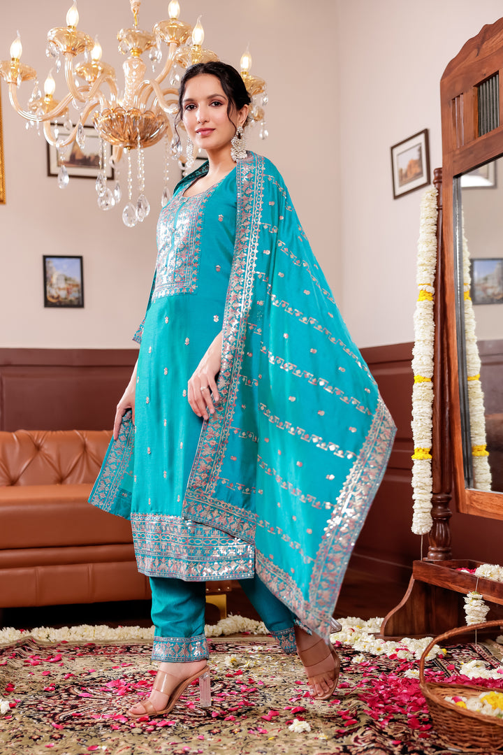 Turquoise Blue Art Silk Straight Cut Kurta Set