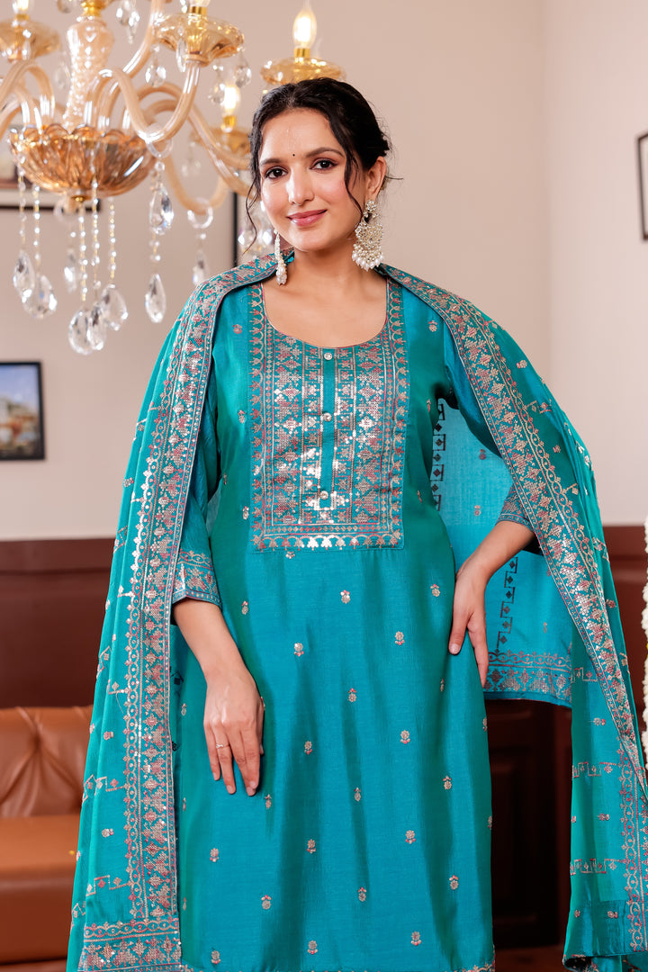 Turquoise Blue Art Silk Straight Cut Kurta Set