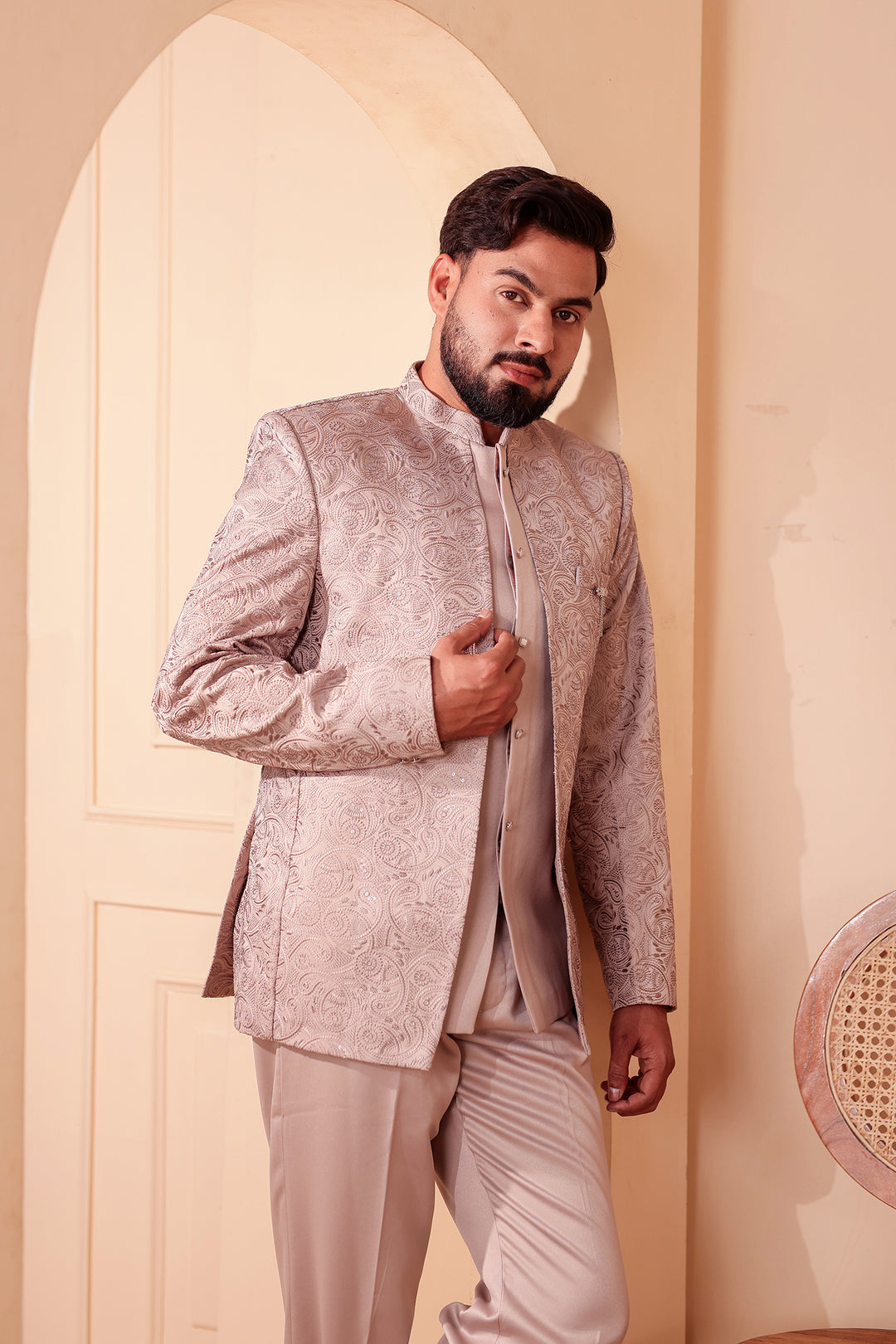Salmon Heavy Embroidered 3pcs Jacket Style Jodhpuri Suit.
