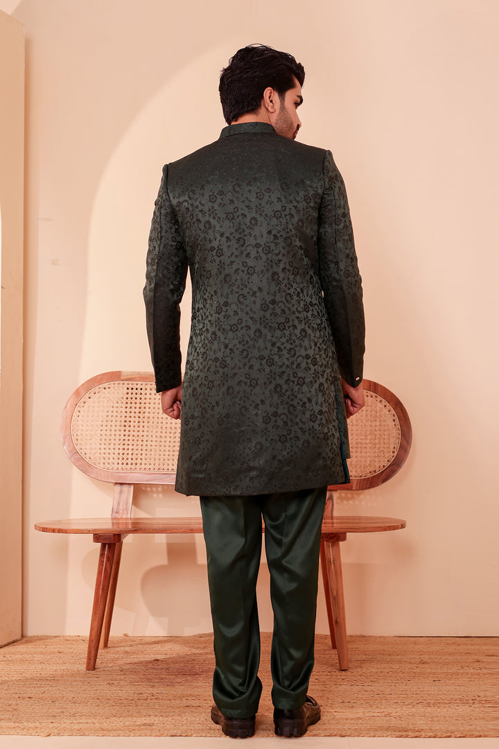 Bottle Green Brocade Silk Jacket Style Indo-western Suit.