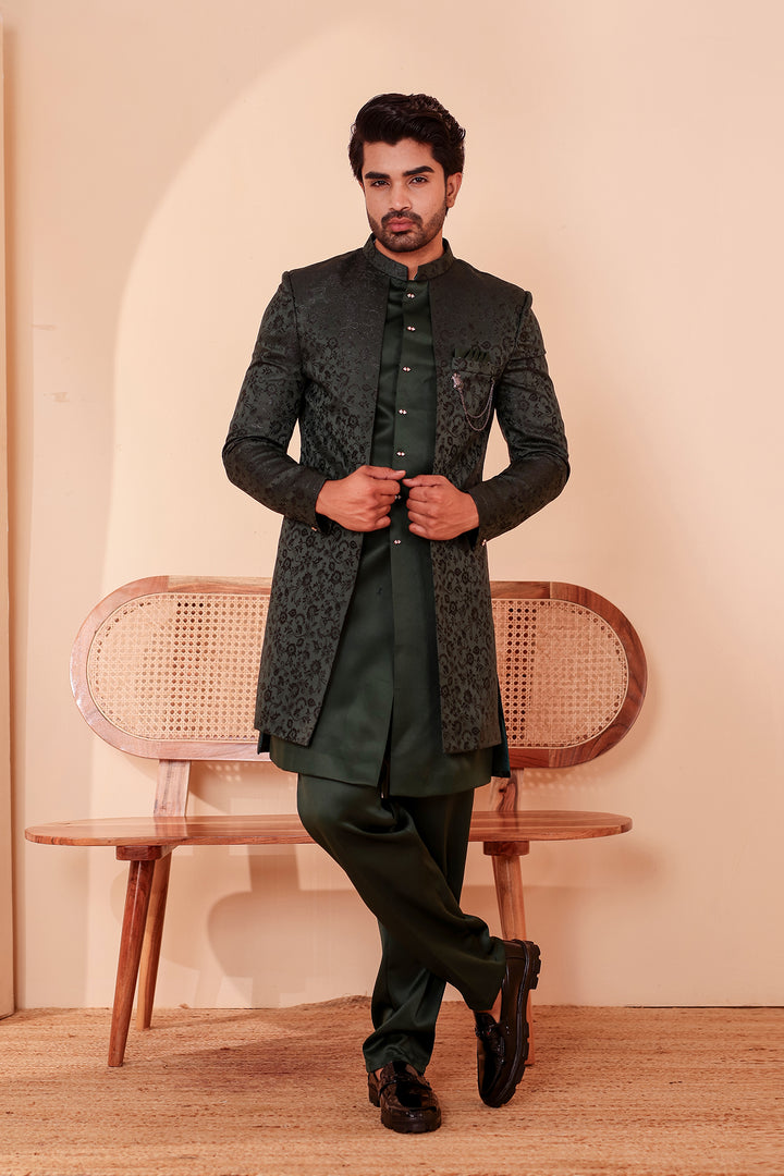 Bottle Green Brocade Silk Jacket Style Indo-western Suit.
