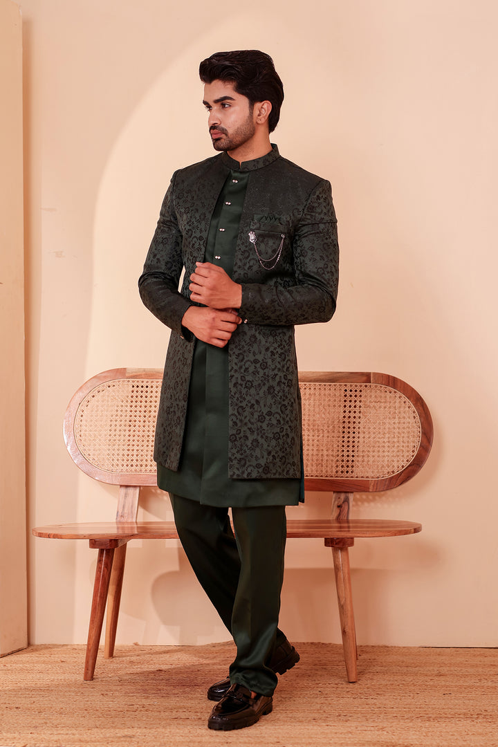 Bottle Green Brocade Silk Jacket Style Indo-western Suit.