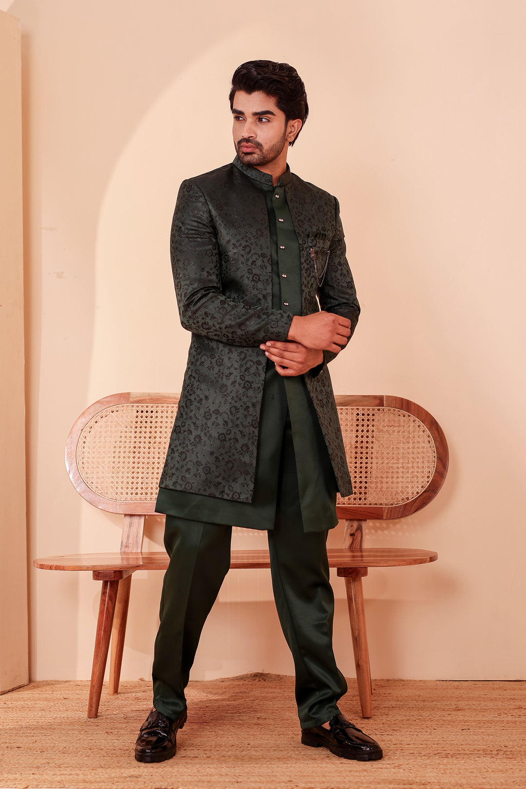 Bottle Green Brocade Silk Jacket Style Indo-western Suit.