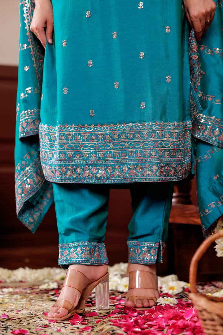 Turquoise Blue Art Silk Straight Cut Kurta Set