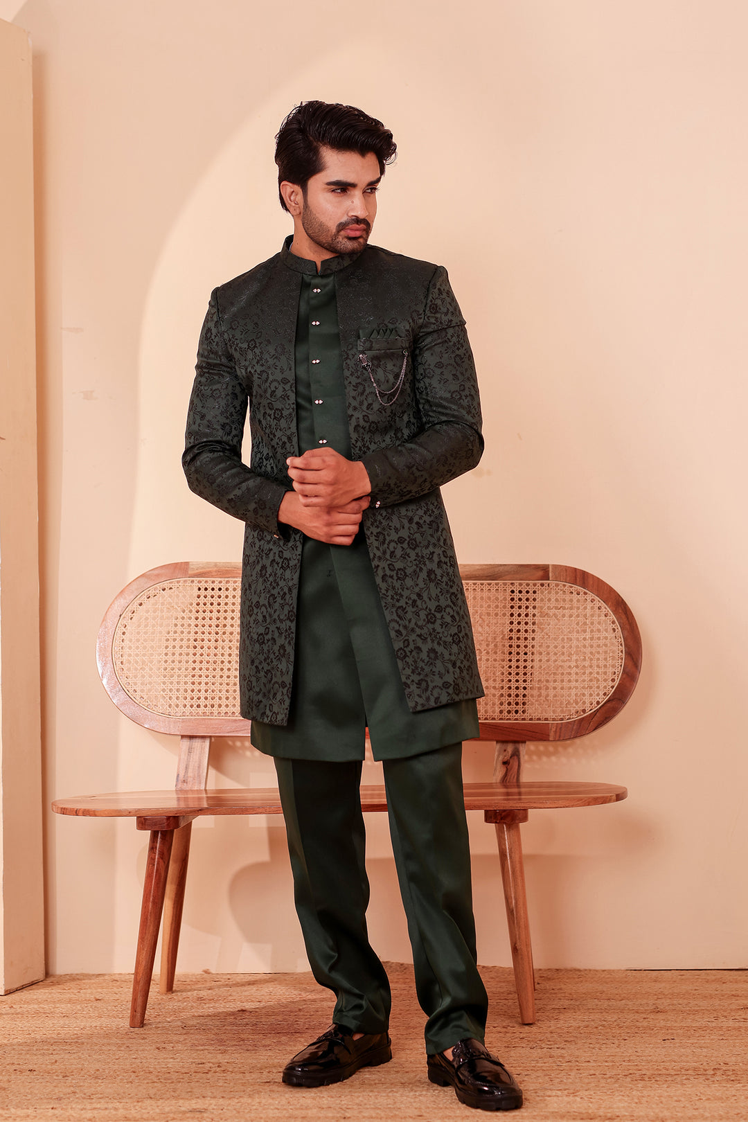 Bottle Green Brocade Silk Jacket Style Indo-western Suit.