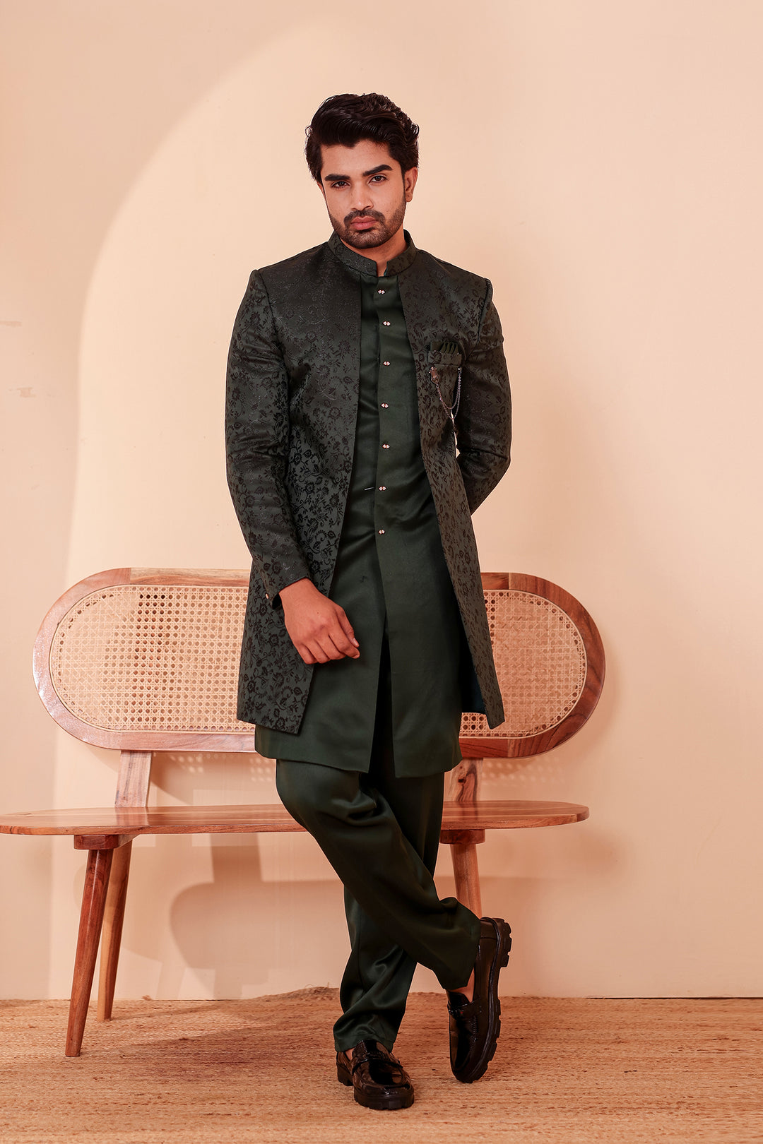Bottle Green Brocade Silk Jacket Style Indo-western Suit.
