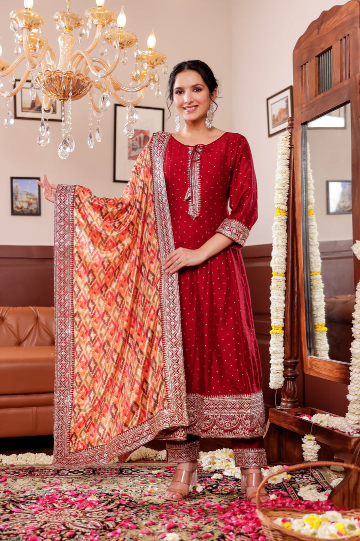 Maroon Vichitra Silk Anarkali Suit