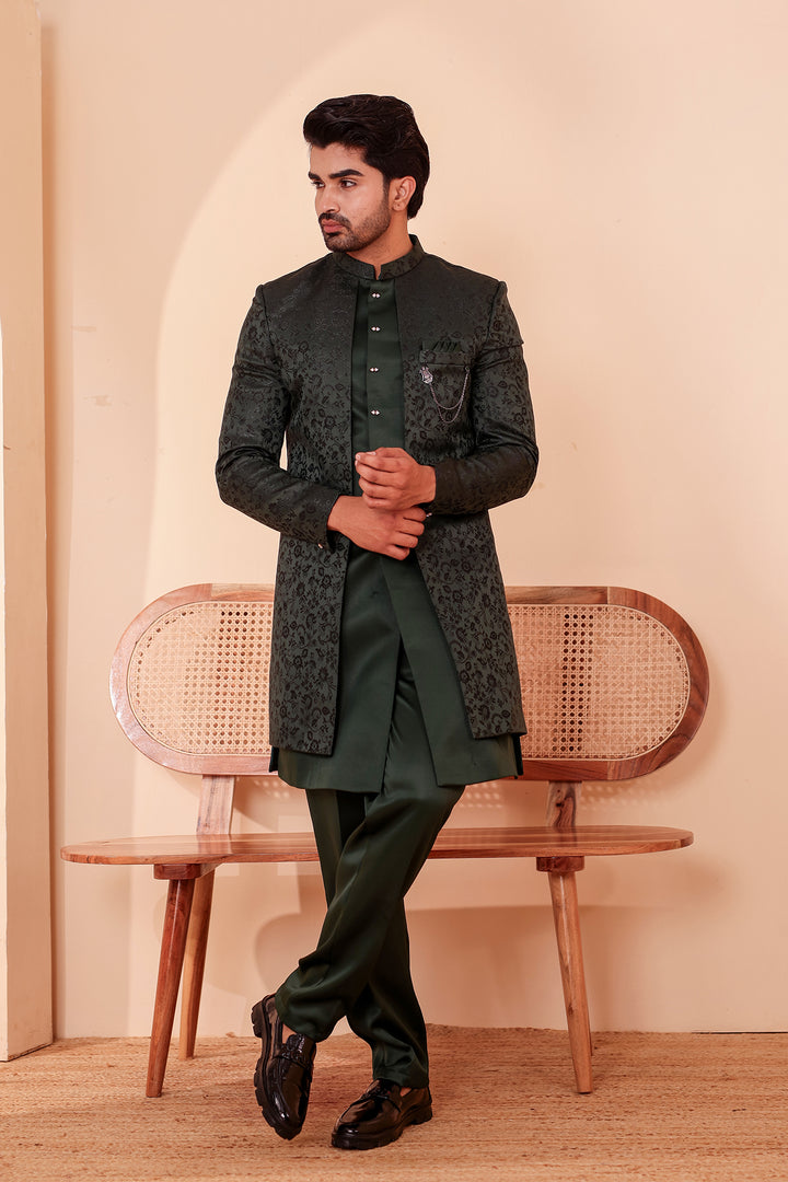 Bottle Green Brocade Silk Jacket Style Indo-western Suit.