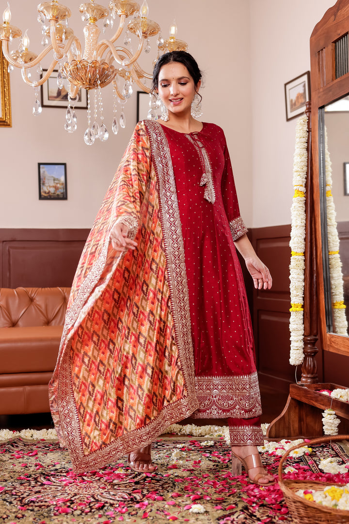 Maroon Vichitra Silk Anarkali Suit
