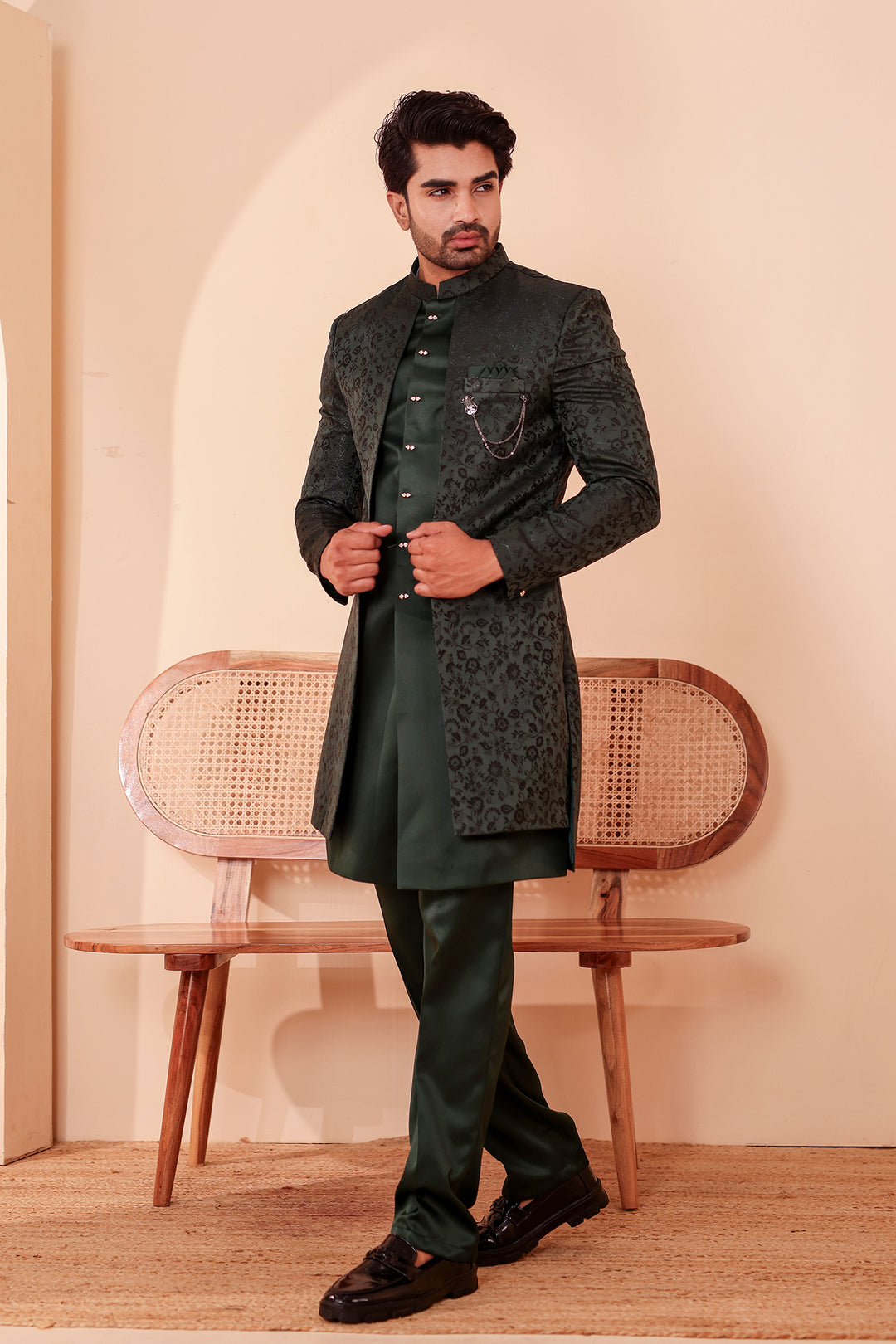 Bottle Green Brocade Silk Jacket Style Indo-western Suit.