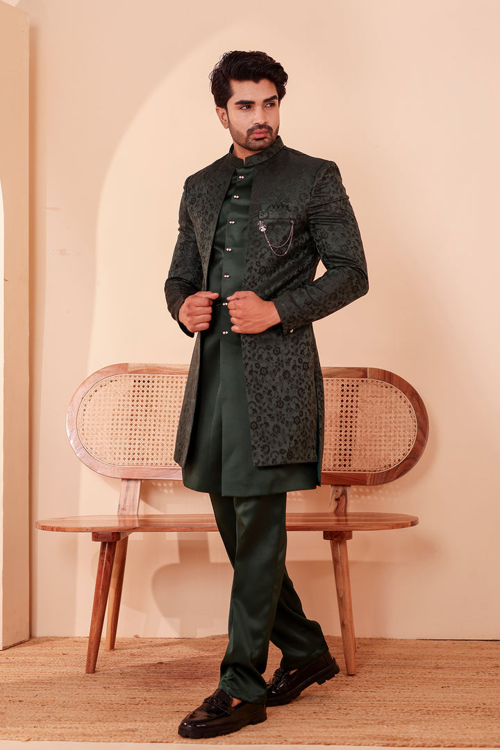 Bottle Green Brocade Silk Jacket Style Indo-western Suit.