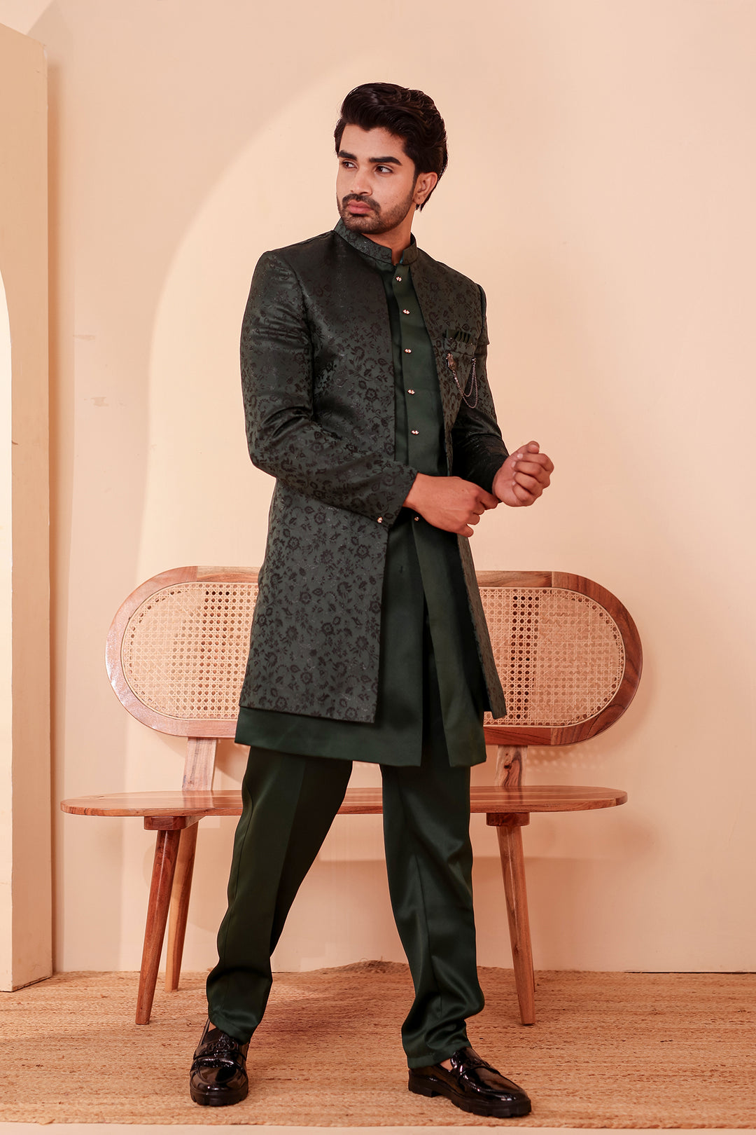 Bottle Green Brocade Silk Jacket Style Indo-western Suit.