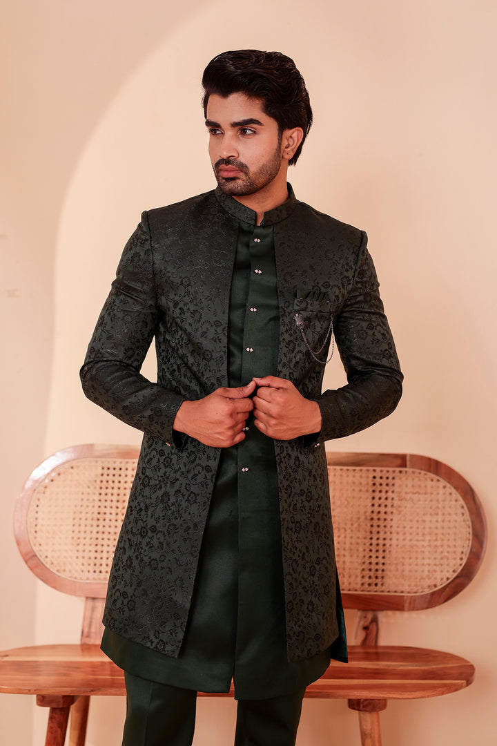 Bottle Green Brocade Silk Jacket Style Indo-western Suit.