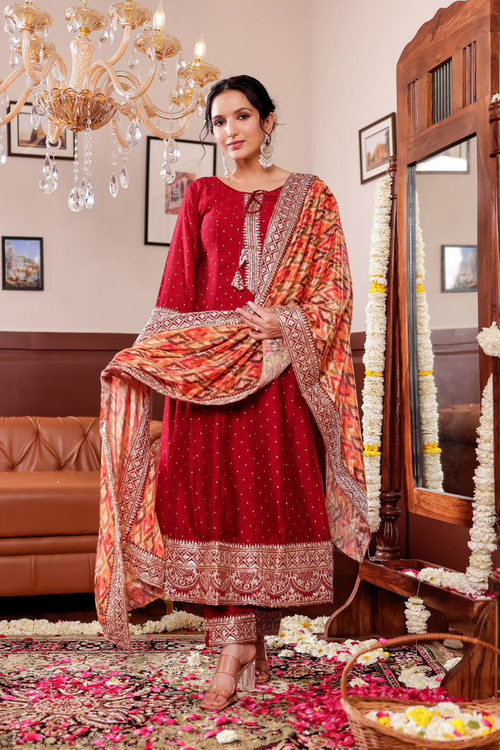 Maroon Vichitra Silk Anarkali Suit