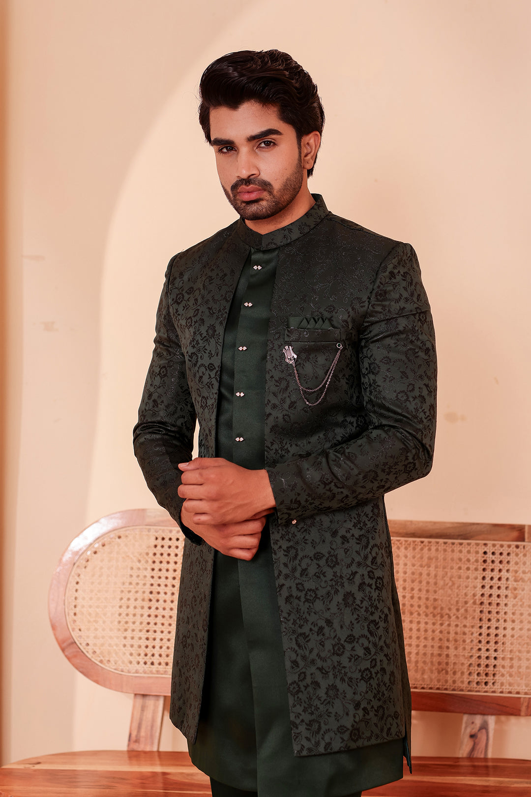 Bottle Green Brocade Silk Jacket Style Indo-western Suit.