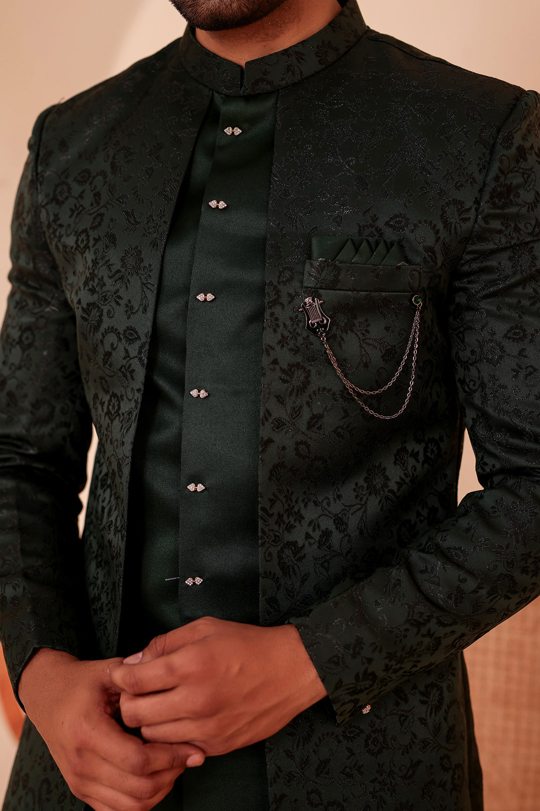 Bottle Green Brocade Silk Jacket Style Indo-western Suit.