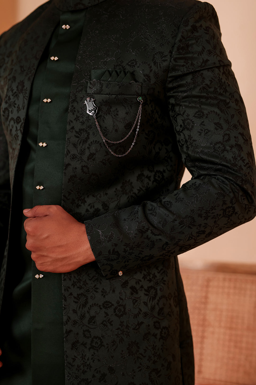 Bottle Green Brocade Silk Jacket Style Indo-western Suit.