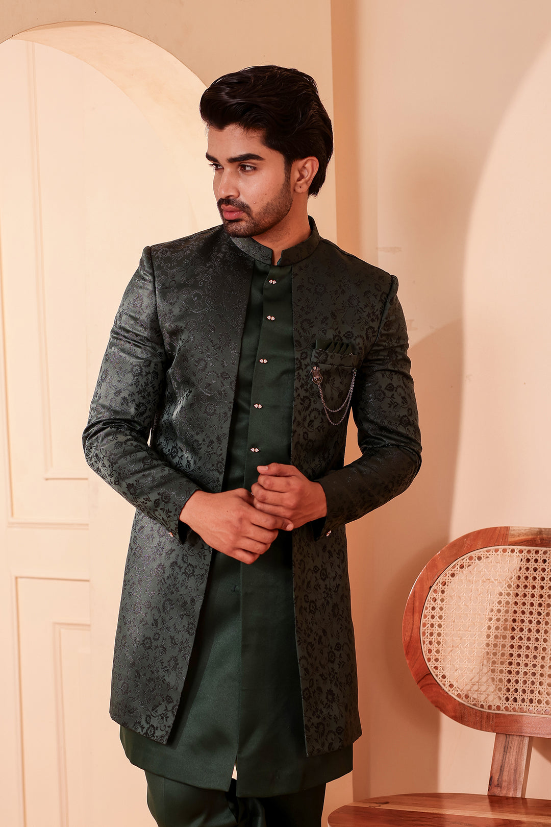 Bottle Green Brocade Silk Jacket Style Indo-western Suit.