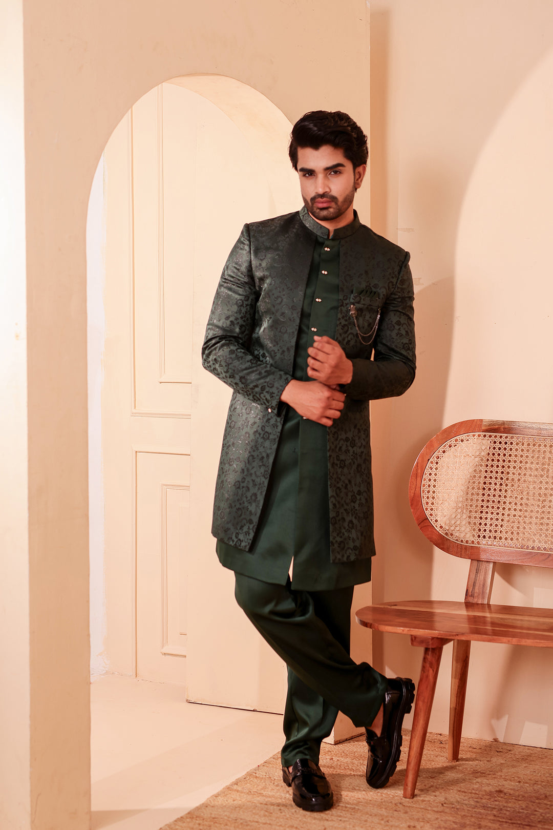 Bottle Green Brocade Silk Jacket Style Indo-western Suit.