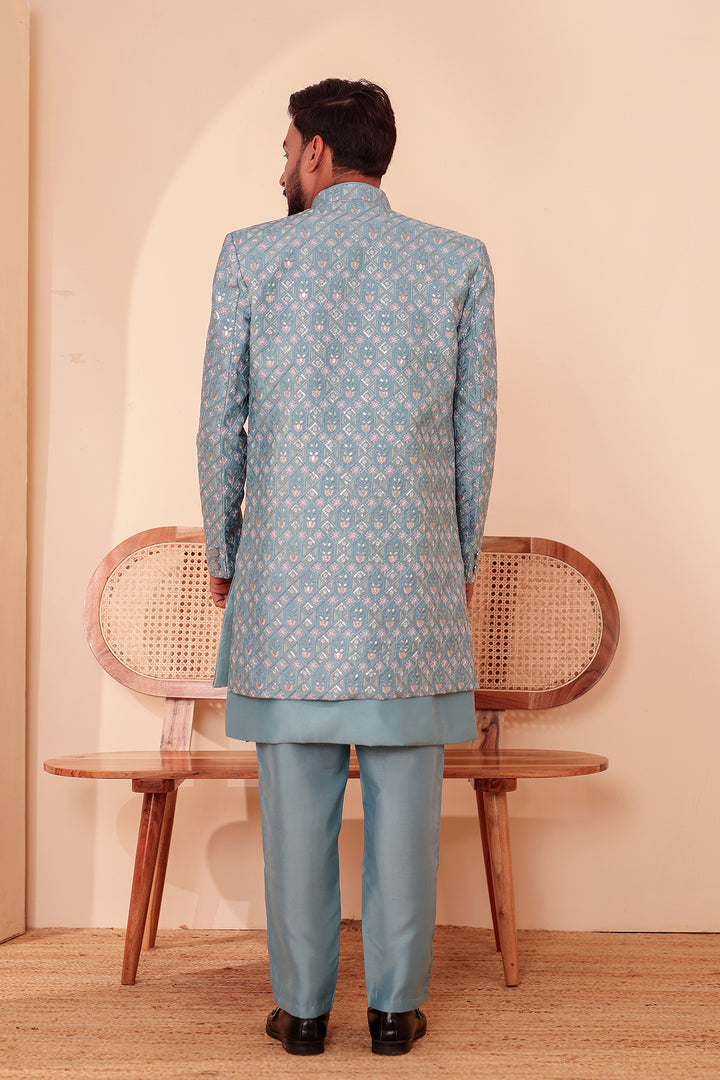 Duck Egg Blue Open Jacket Style Indo-Western Suit Embroidered All over