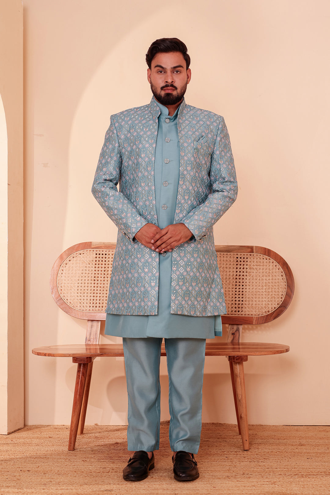 Duck Egg Blue Open Jacket Style Indo-Western Suit Embroidered All over