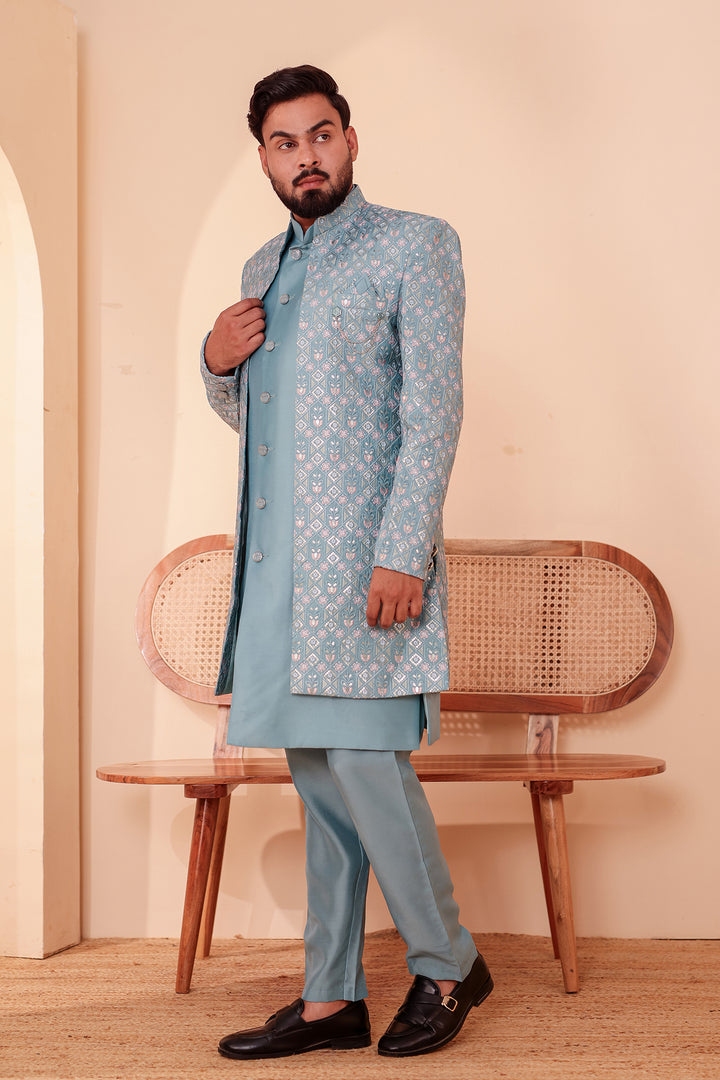 Duck Egg Blue Open Jacket Style Indo-Western Suit Embroidered All over