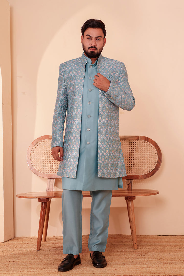 Duck Egg Blue Open Jacket Style Indo-Western Suit Embroidered All over