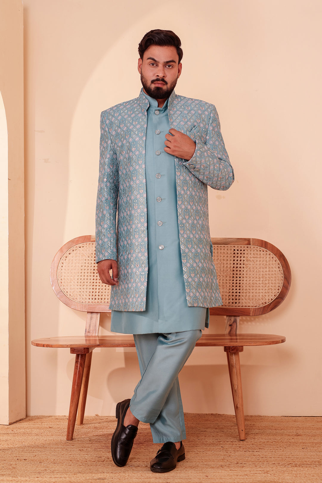 Duck Egg Blue Open Jacket Style Indo-Western Suit Embroidered All over