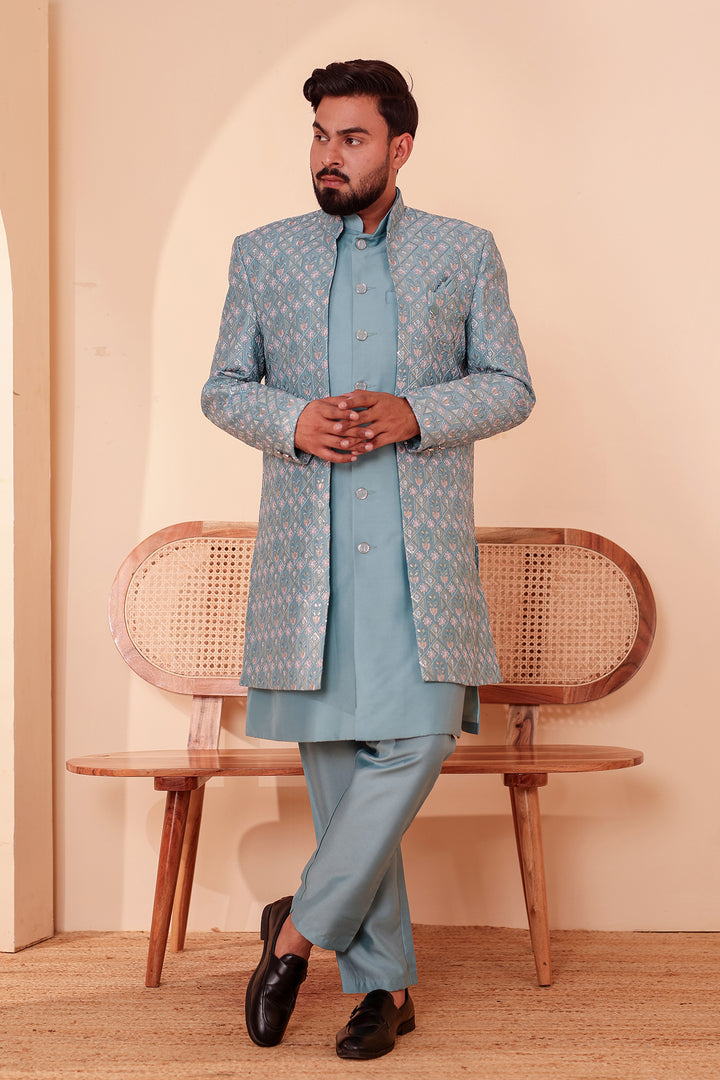 Duck Egg Blue Open Jacket Style Indo-Western Suit Embroidered All over
