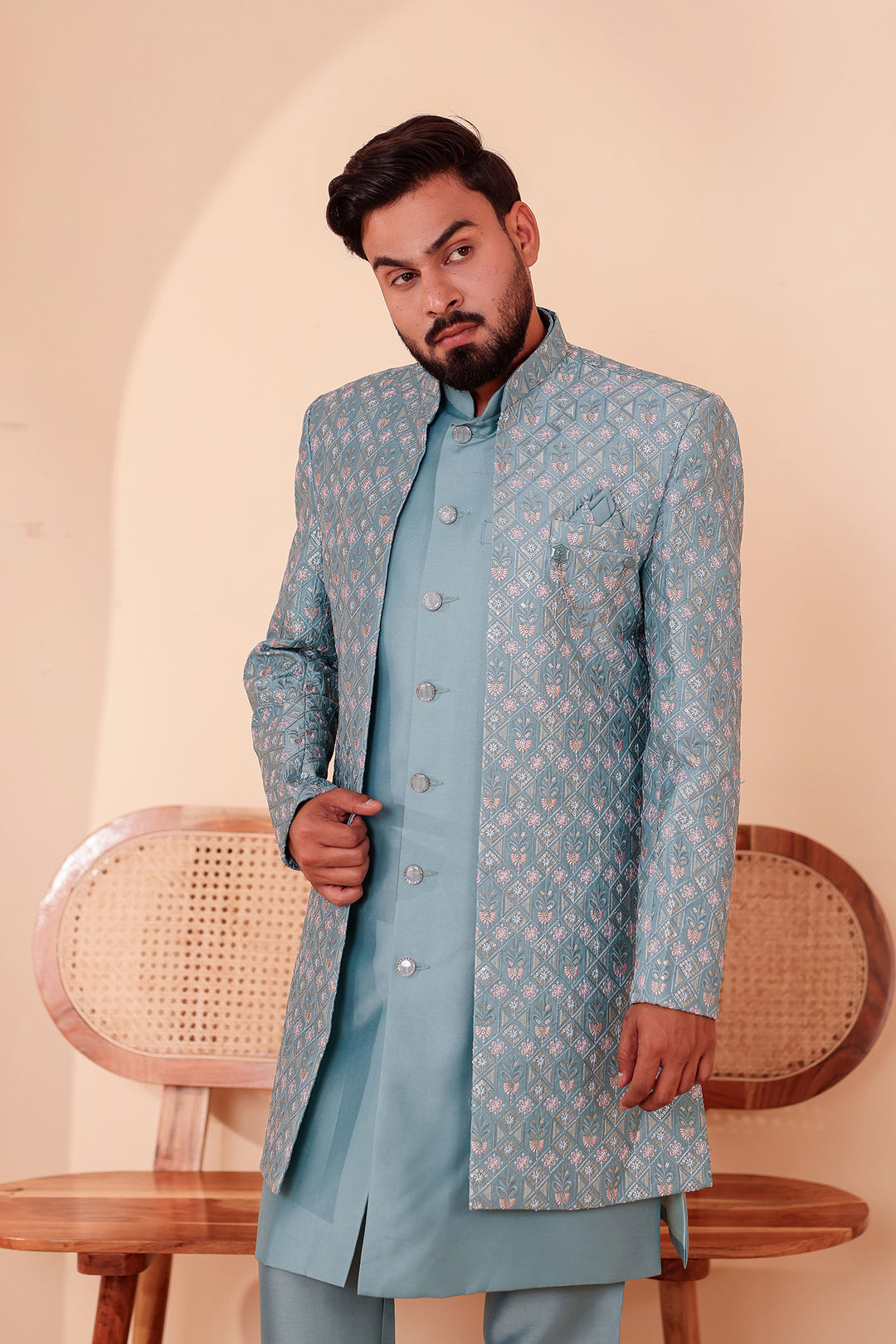 Duck Egg Blue Open Jacket Style Indo-Western Suit Embroidered All over