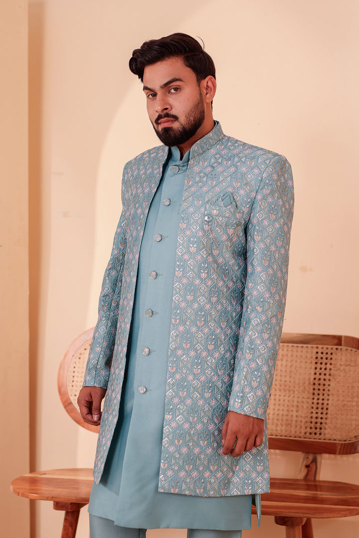 Duck Egg Blue Open Jacket Style Indo-Western Suit Embroidered All over