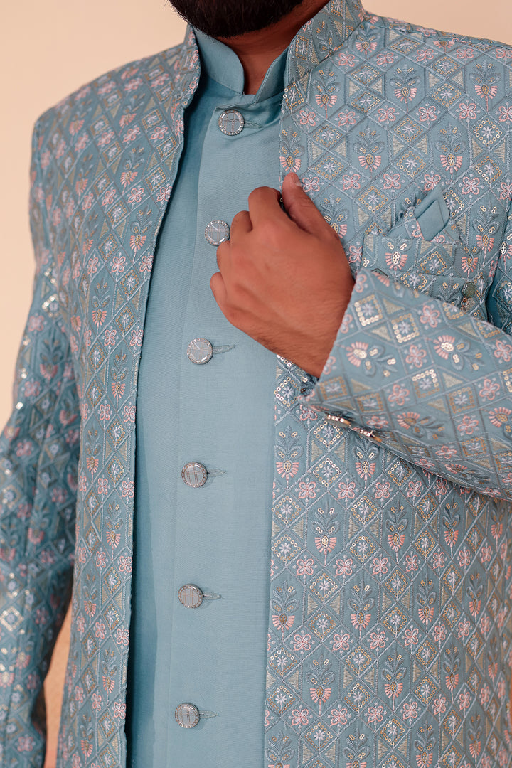 Duck Egg Blue Open Jacket Style Indo-Western Suit Embroidered All over