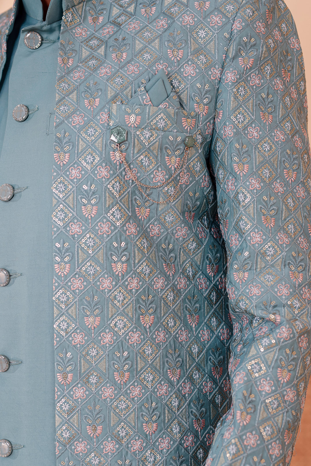 Duck Egg Blue Open Jacket Style Indo-Western Suit Embroidered All over