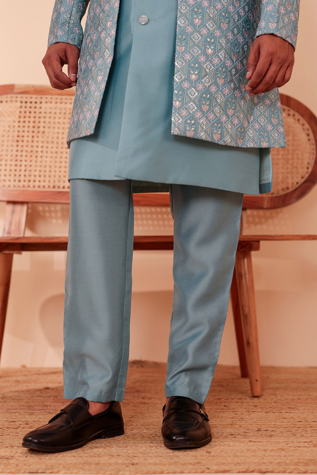 Duck Egg Blue Open Jacket Style Indo-Western Suit Embroidered All over
