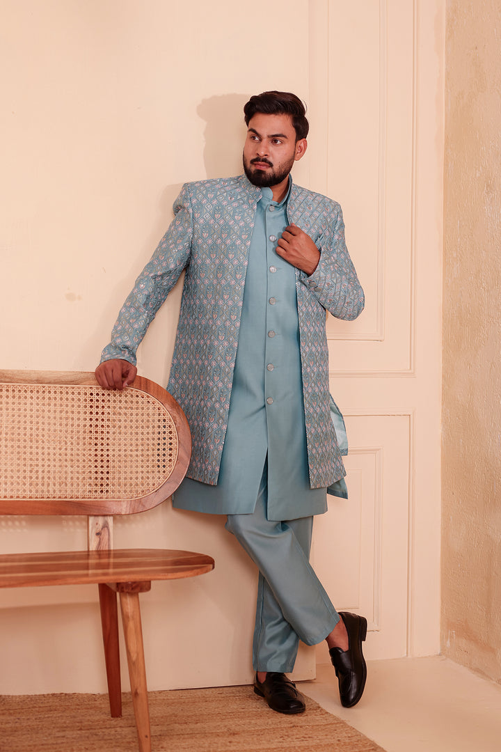 Duck Egg Blue Open Jacket Style Indo-Western Suit Embroidered All over